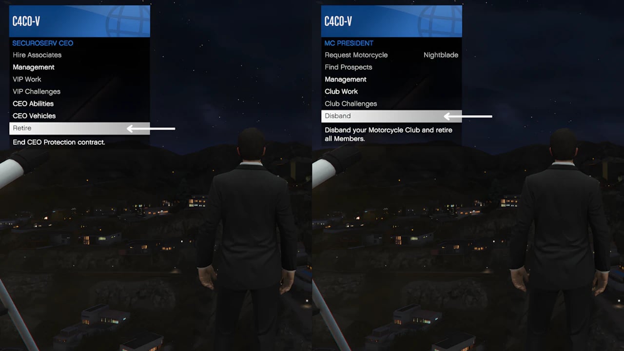 GTA Online Interaction Menu showing options to register as SecuroServ CEO or Motorcycle Club President in GTA 5.