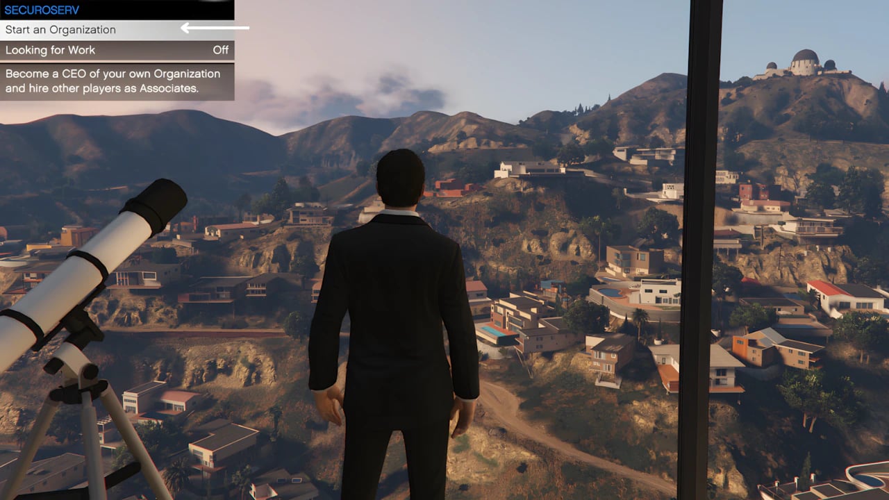 GTA 5 Online SecuroServ interaction menu showing options to register as a Boss, CEO, or VIP for an organization.