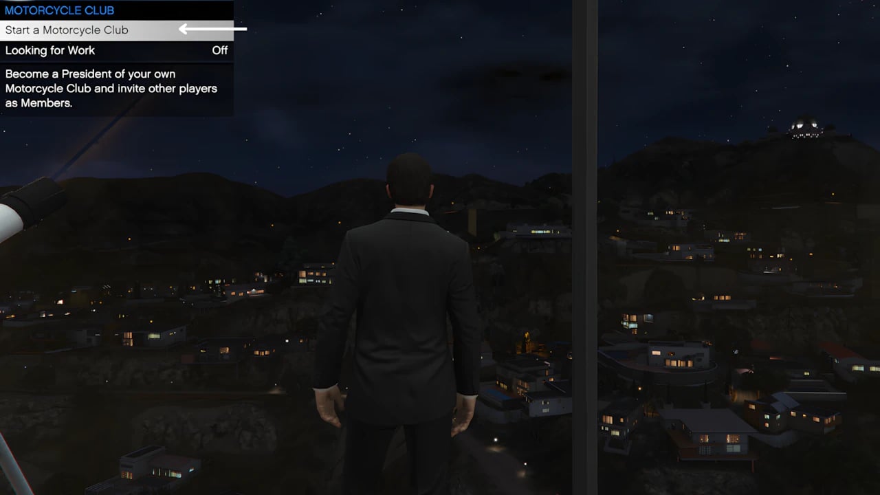 GTA Online Interaction Menu showing how to register as a boss and start a Motorcycle Club in-game.