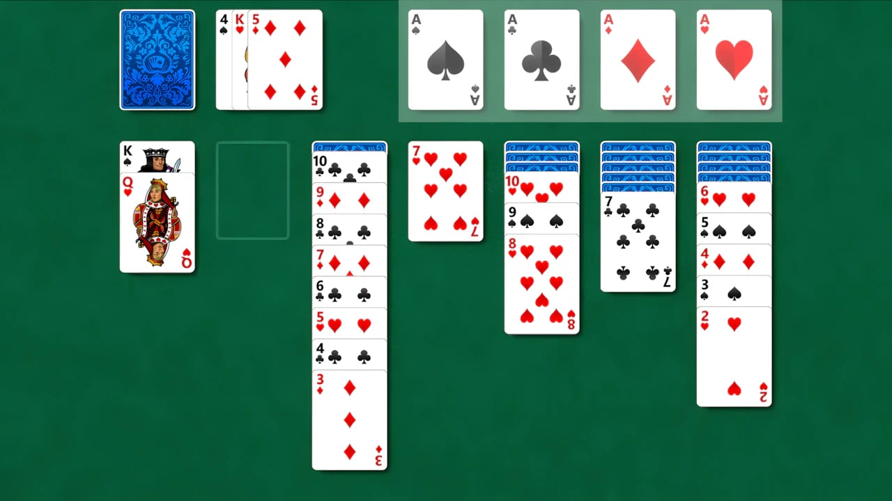 Solitaire Klondike digital card game interface showing Aces moved to foundation piles on a green tabletop.