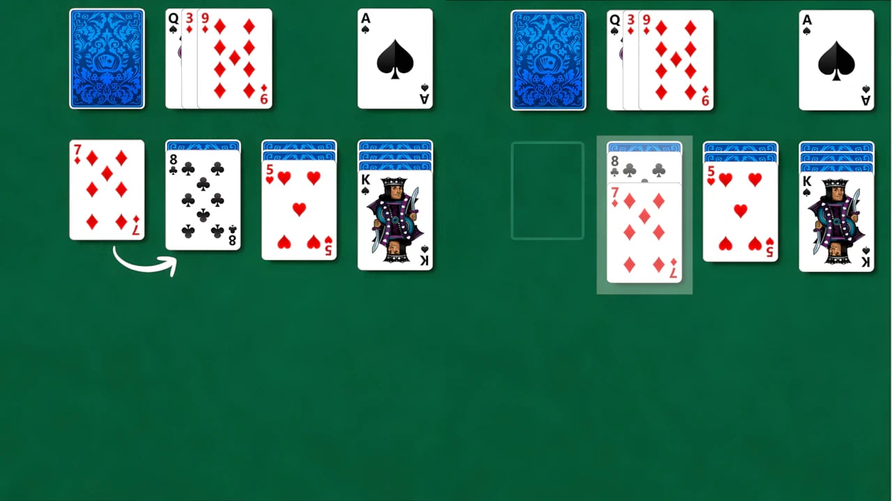Digital Klondike Solitaire card game interface displaying strategic drag-and-drop movement on green felt background.