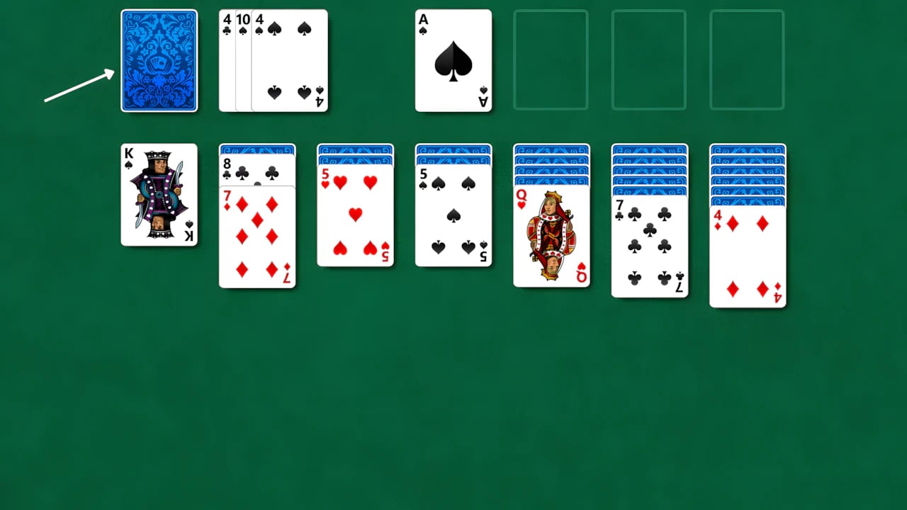 Digital Klondike Solitaire card game interface with tableau, stock, and foundation piles on a green felt background.