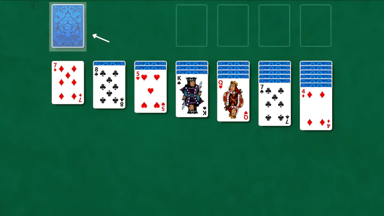 Solitaire Klondike gameplay showing the draw card pile and waste pile mechanics in a digital interface.