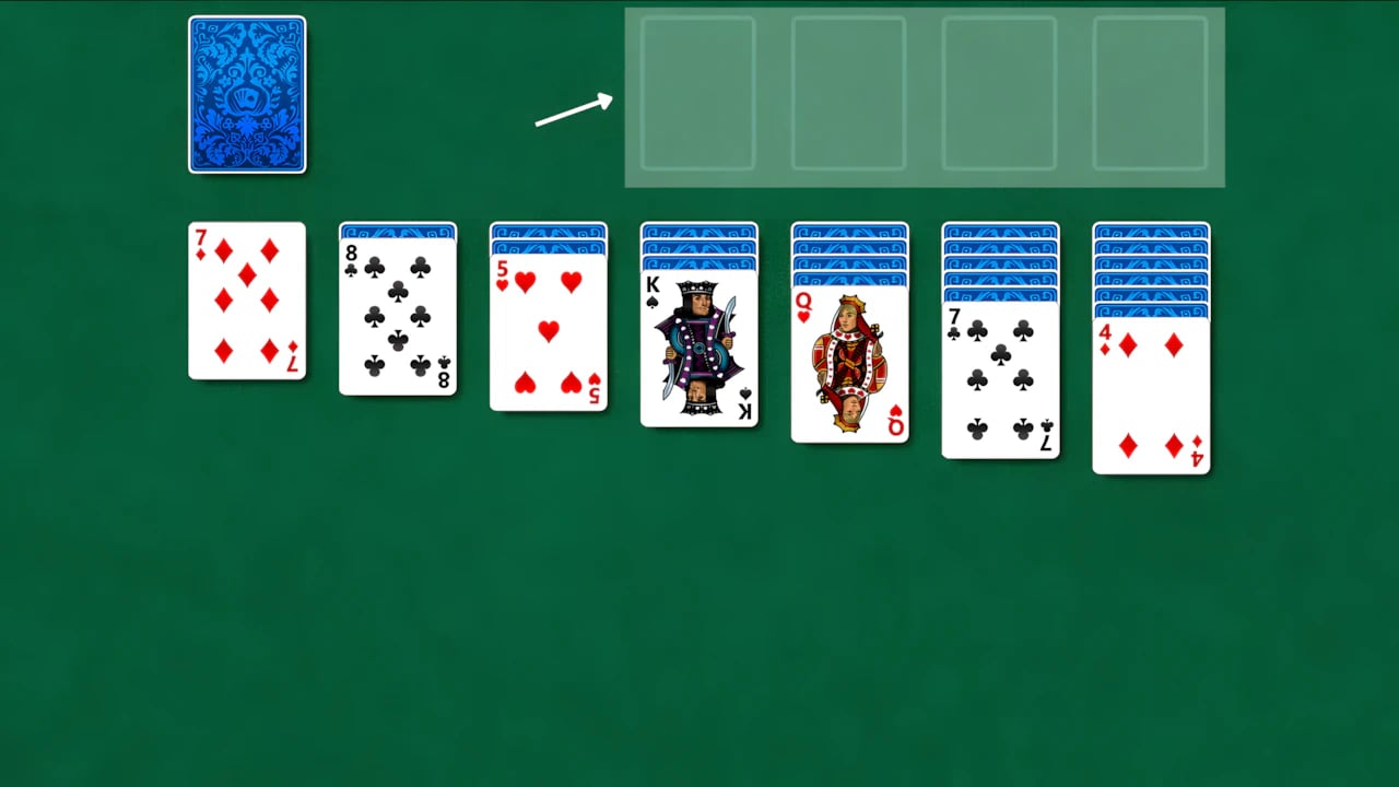 Digital Klondike Solitaire interface showing foundation slots and tableau card piles in a high-res gaming environment.