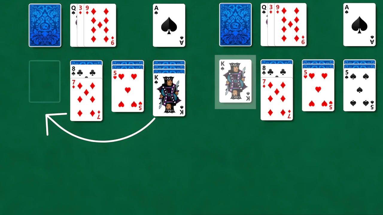 Digital Solitaire Klondike gameplay showing a King of Spades card move on a mobile-optimized gaming interface.