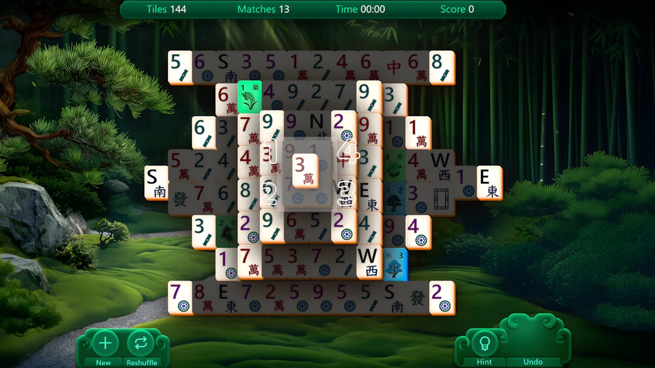 Mahjong Solitaire Bamboo Forest gameplay showing 3D rendered tiles and high-resolution forest background art.
