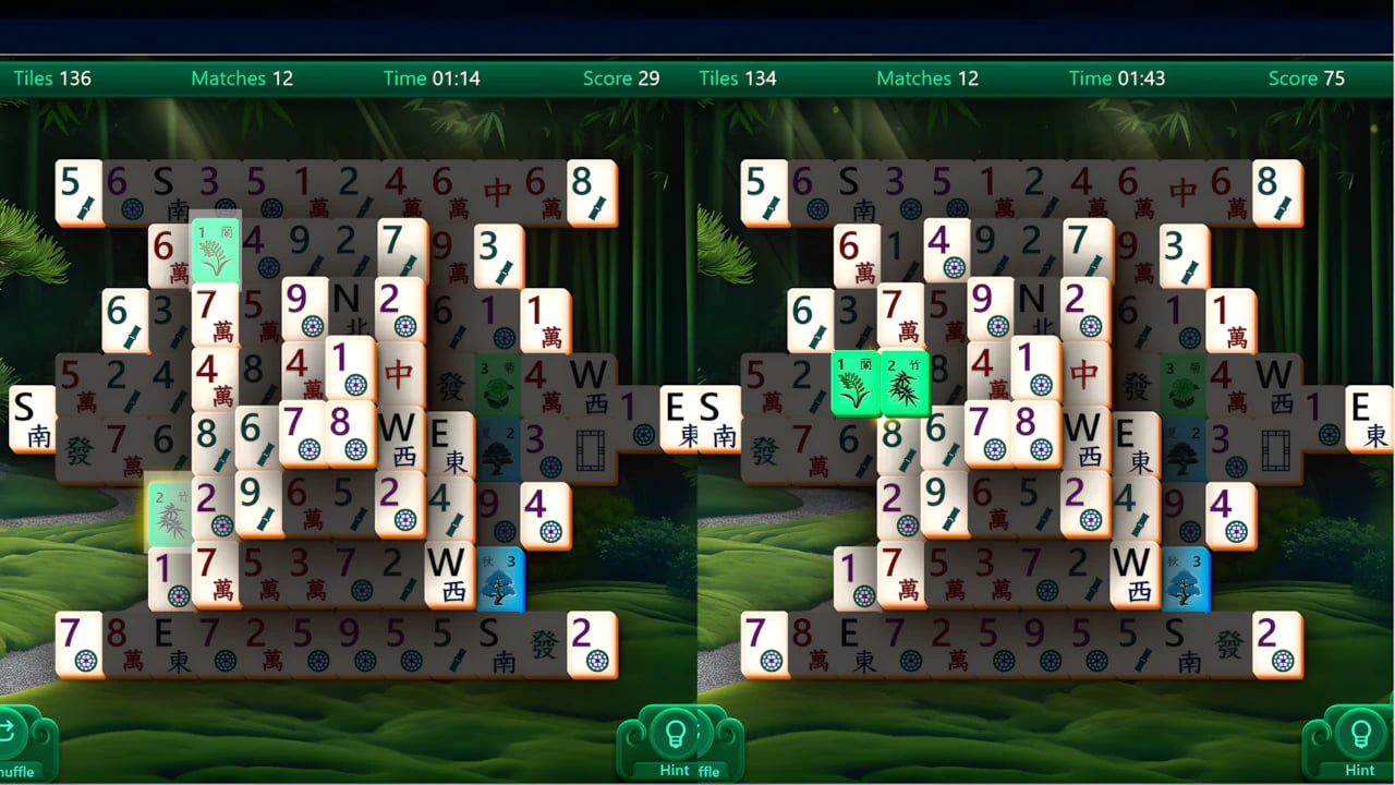 Mahjong Solitaire gameplay showing 3D rendered tiles with traditional symbols and progress tracking UI components.