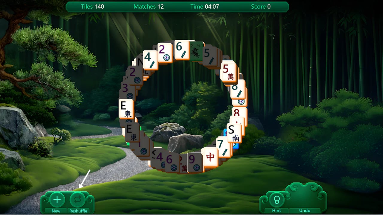 Mahjong Solitaire ring formation layout on a digital gaming interface for strategy and tile-matching gameplay.