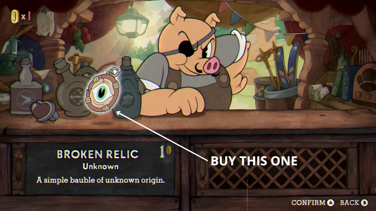 Cuphead DLC graveyard puzzle guide showing tombstone grid for Broken Relic quest in Porkrind's Shop gameplay.