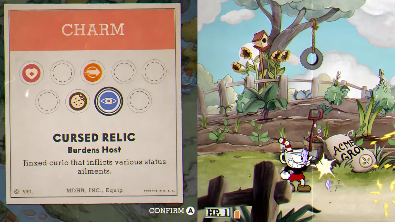 Cuphead Graveyard Puzzle solution and Cursed Relic charm gameplay featuring Ms. Chalice in the DLC expansion.