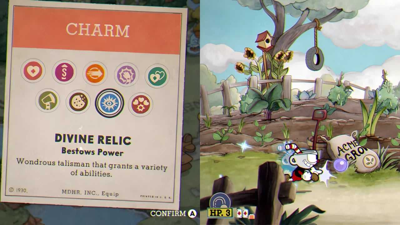 Cuphead DLC graveyard puzzle guide showing gravestones and Divine Relic charm in 1930s hand-drawn animation style.