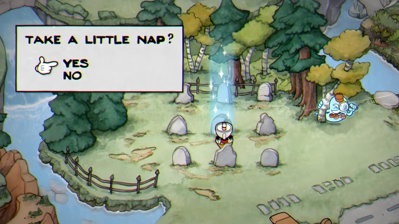 Cuphead DLC Graveyard Puzzle Nap Option screen featuring Ms. Chalice in 1930s hand-drawn cartoon style.
