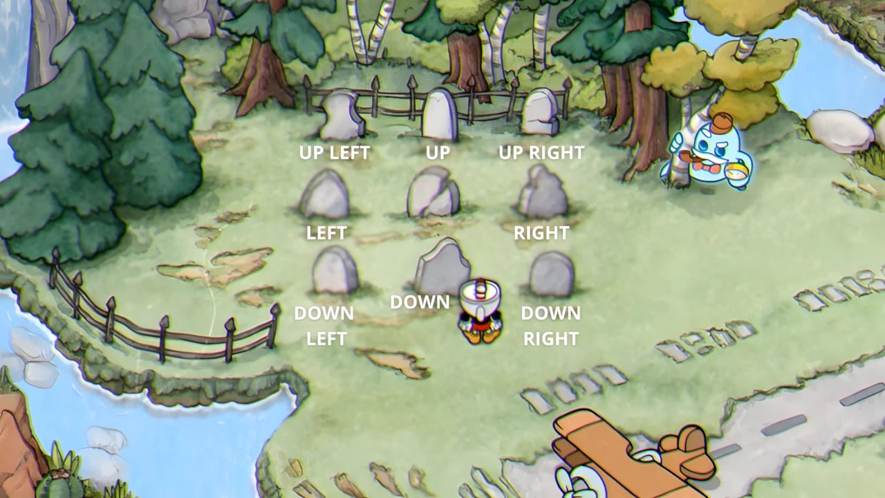 Cuphead DLC graveyard puzzle solution guide for Broken Relic quest featuring Ms. Chalice and tombstone layout.