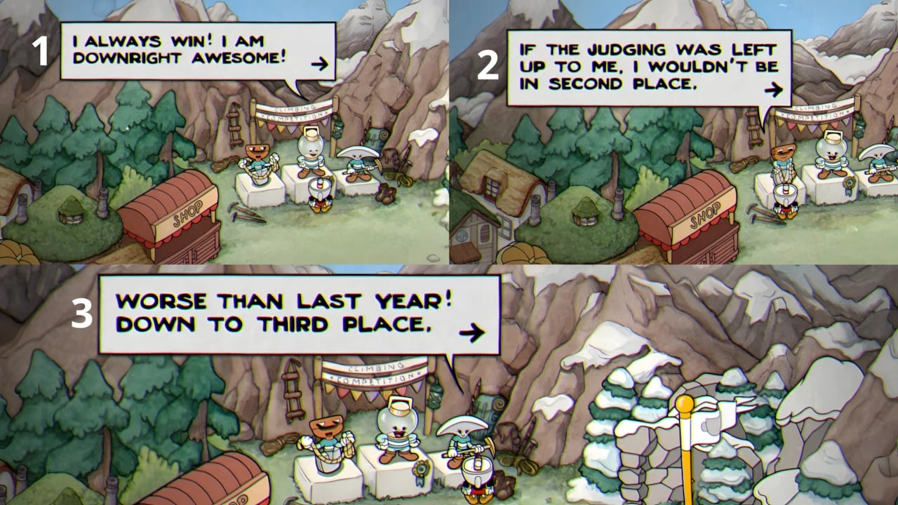 Cuphead DLC Graveyard Puzzle guide showing ghostly NPCs on a numbered podium in The Delicious Last Course expansion.