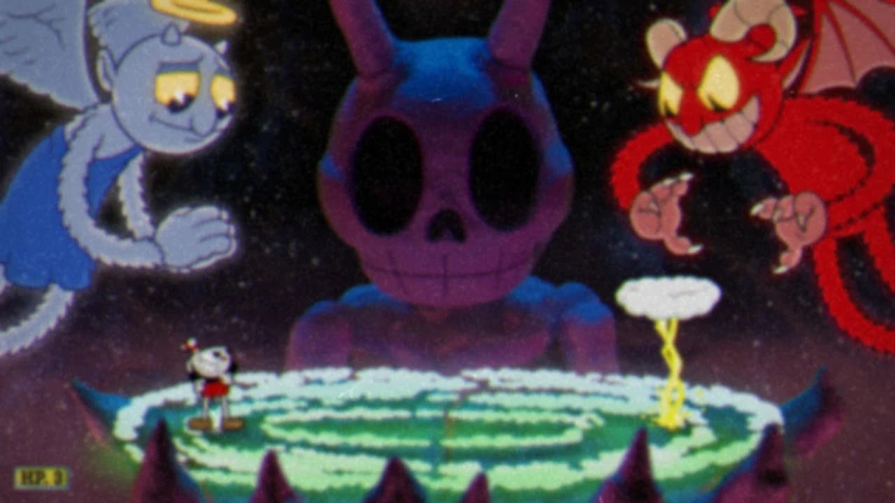 Cuphead DLC Graveyard puzzle guide showing character sprites and tombstones in high-definition 2D animation.