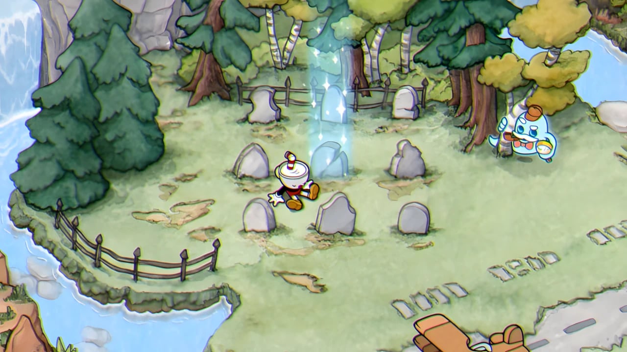 Cuphead DLC graveyard secret puzzle solution screen featuring nine tombstones and ghost NPC in retro animation style.