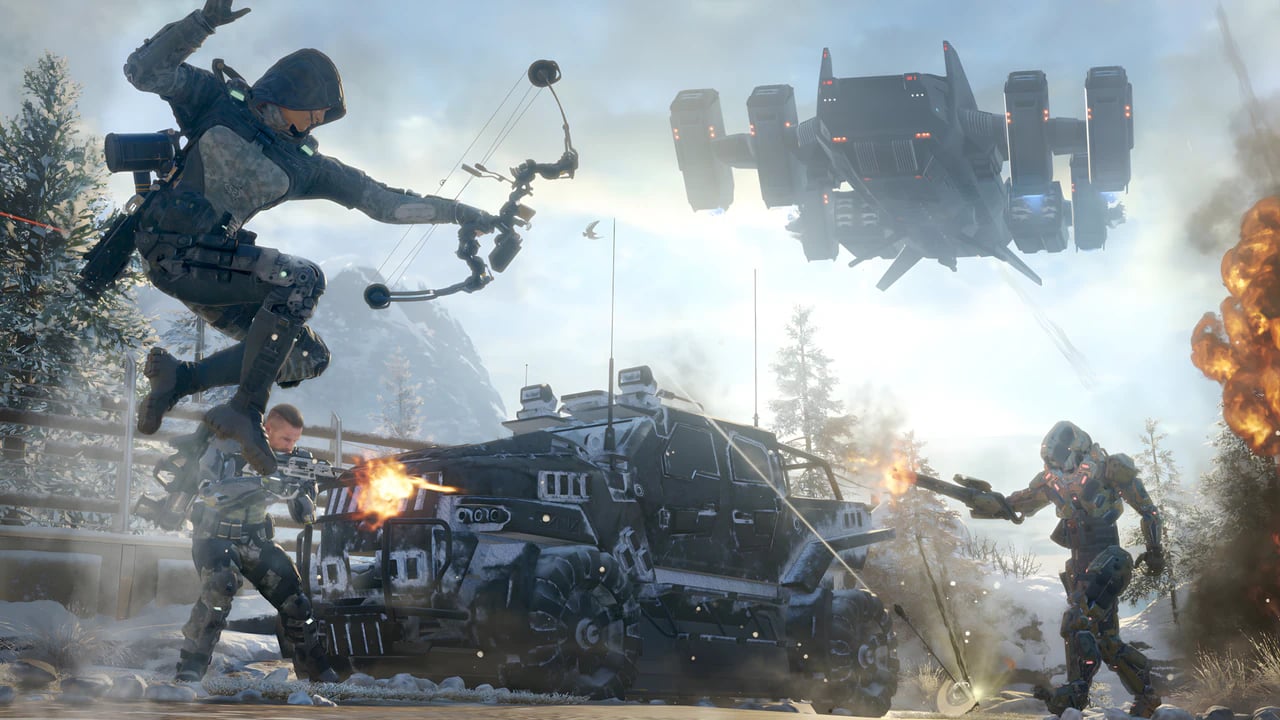 Call of Duty Black Ops 3 Sparrow bow gameplay action scene showing high-performance graphics and FPS combat mechanics.