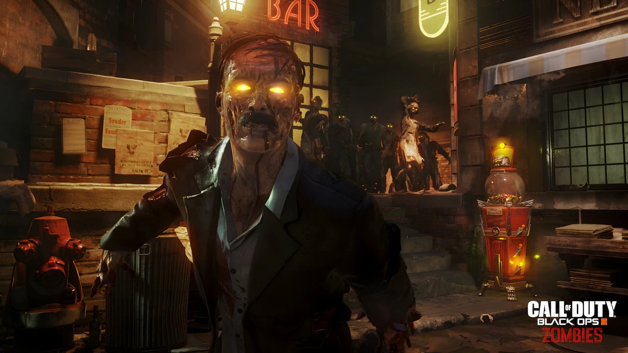 Call of Duty Black Ops 3 Zombies Shadows of Evil gameplay screenshot featuring character models and particle effects.