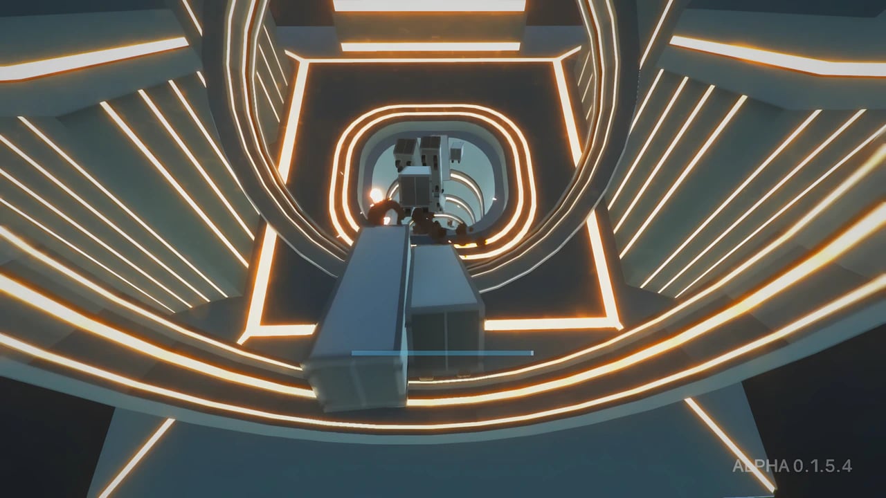 Clustertruck gameplay screenshot featuring trucks in a futuristic neon tunnel physics-based parkour.