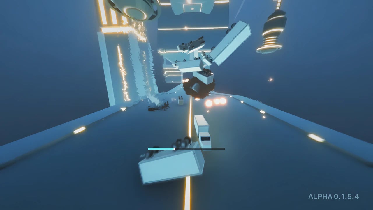 Clustertruck sci-fi level gameplay with neon lighting and physics-based truck platforming on high-performance PC.