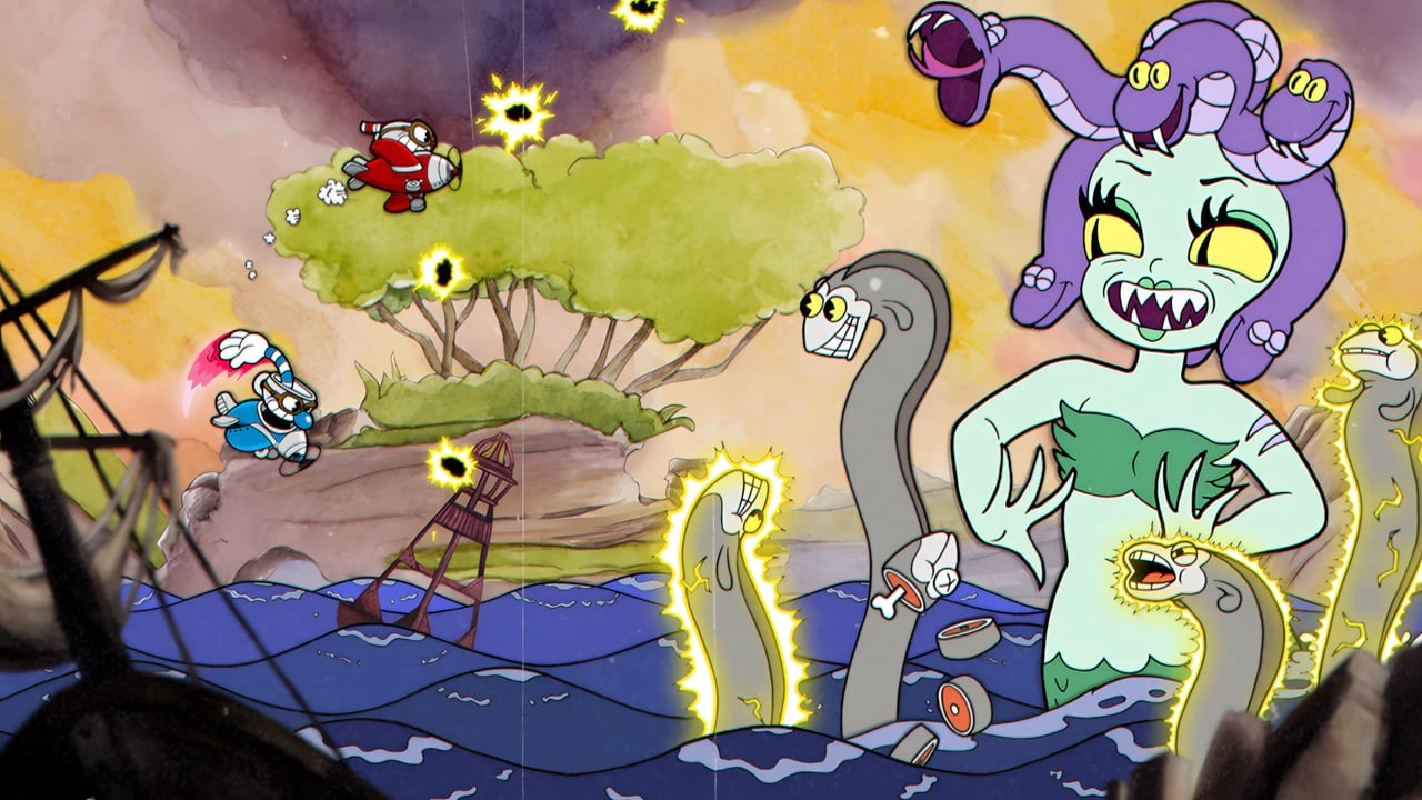 Cuphead Cala Maria Medusa boss fight gameplay screenshot featuring shmup mechanics and 1930s hand-drawn animation style.