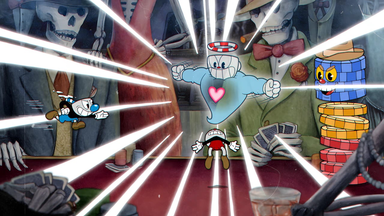 Cuphead King Dice boss fight gameplay showing the roulette table stage and parry mechanics in high resolution.