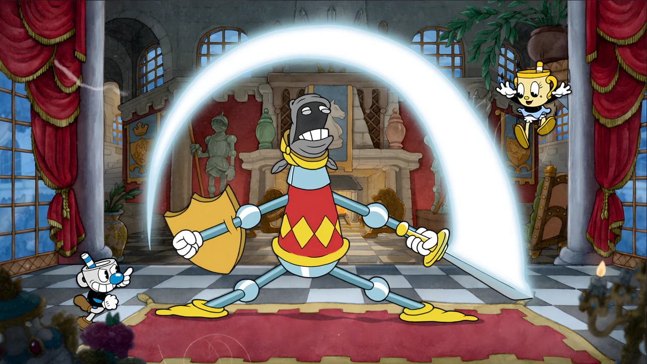 Ms. Chalice boss fight against the Knight in Cuphead: The Delicious Last Course DLC with 1930s animation style.
