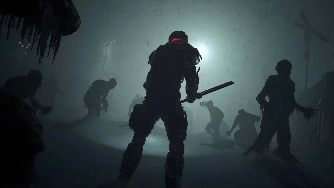 The Callisto Protocol gameplay: Jacob Lee battles a Biophage horde in a snowy environment with 4K ray-traced visuals.