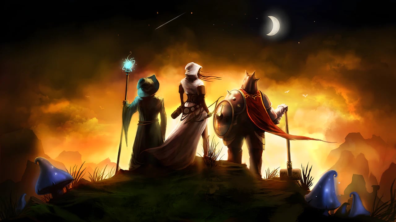The Heroes of Trine Under the Night Sky Three iconic Trine characters (Zoya, Amadeus, and Pontius) from behind, standing on a mountainous landscape at night. Zoya, the thief, holds her bow; Amadeus, the wizard, holds his staff; and Pontius, the knight, has his shield and mace. A crescent moon and a shooting star are visible in the dramatic night sky, with glowing blue mushrooms scattered on the ground.
