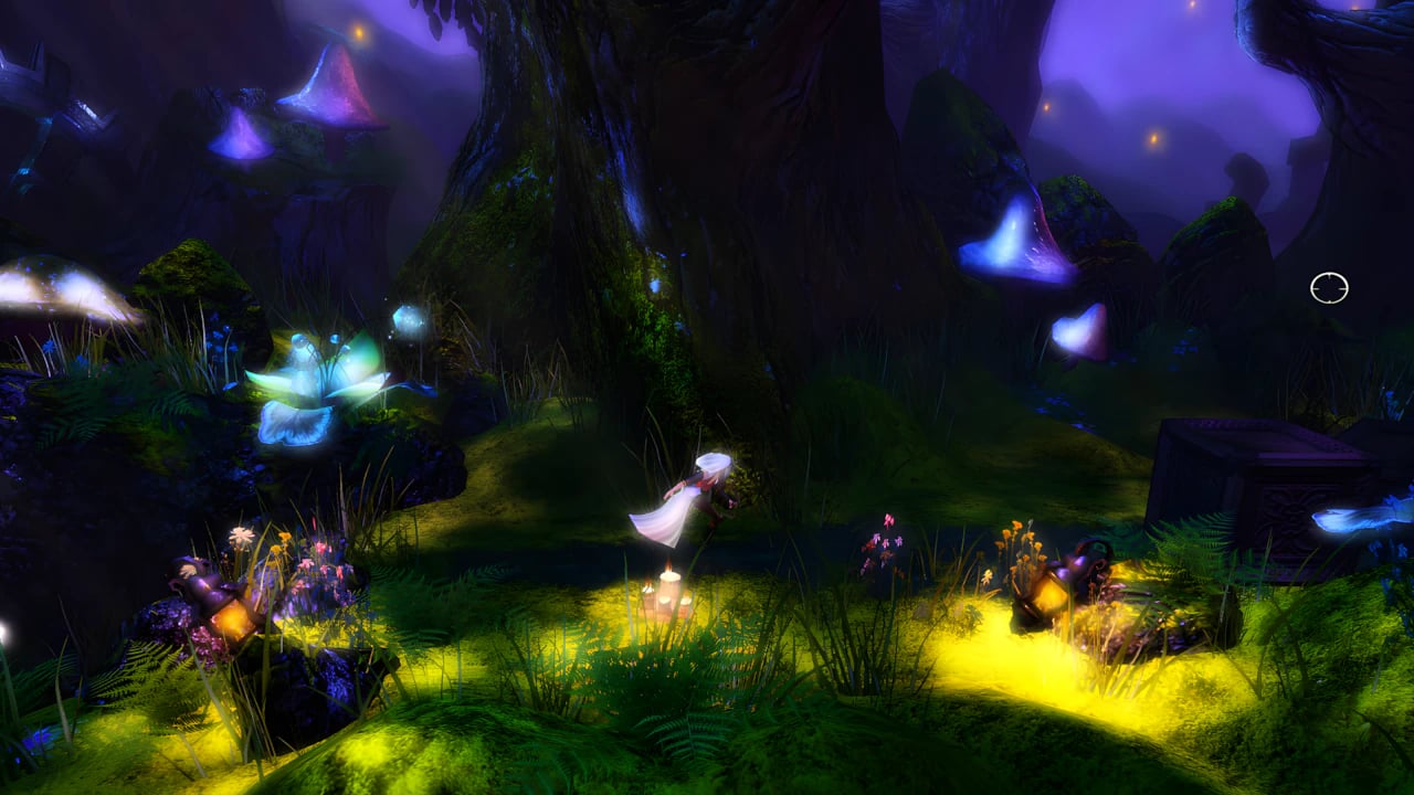 Trine - Enchanted Night Forest A beautiful and whimsical forest scene from Trine at night. Glowing flora in shades of blue, purple, and yellow illuminates the lush green environment. Zoya, the thief, floats gently in the air amidst glowing lanterns and oversized, colorful plants under a dark, starry sky.