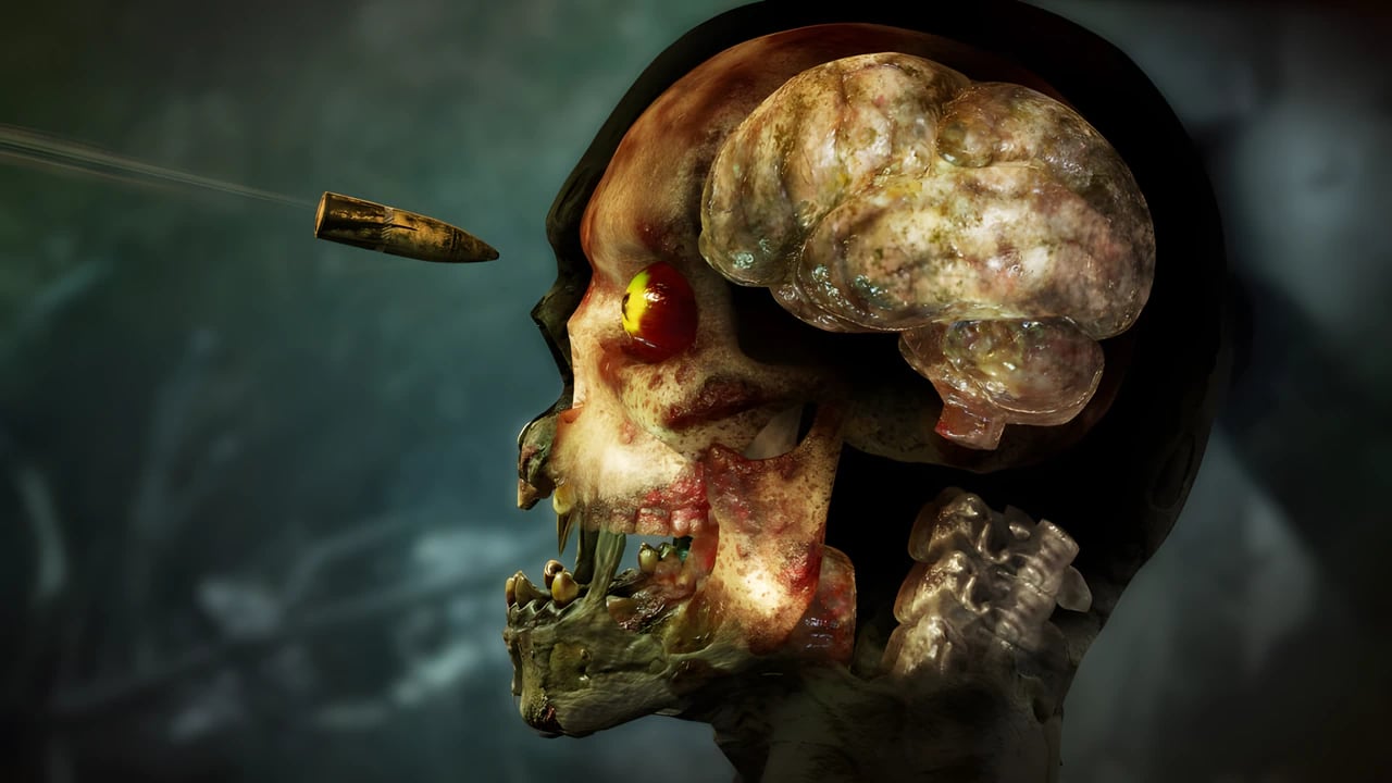 Zombie Army 4 slow-motion bullet impact on zombie skull, 4K horror action gameplay screenshot.