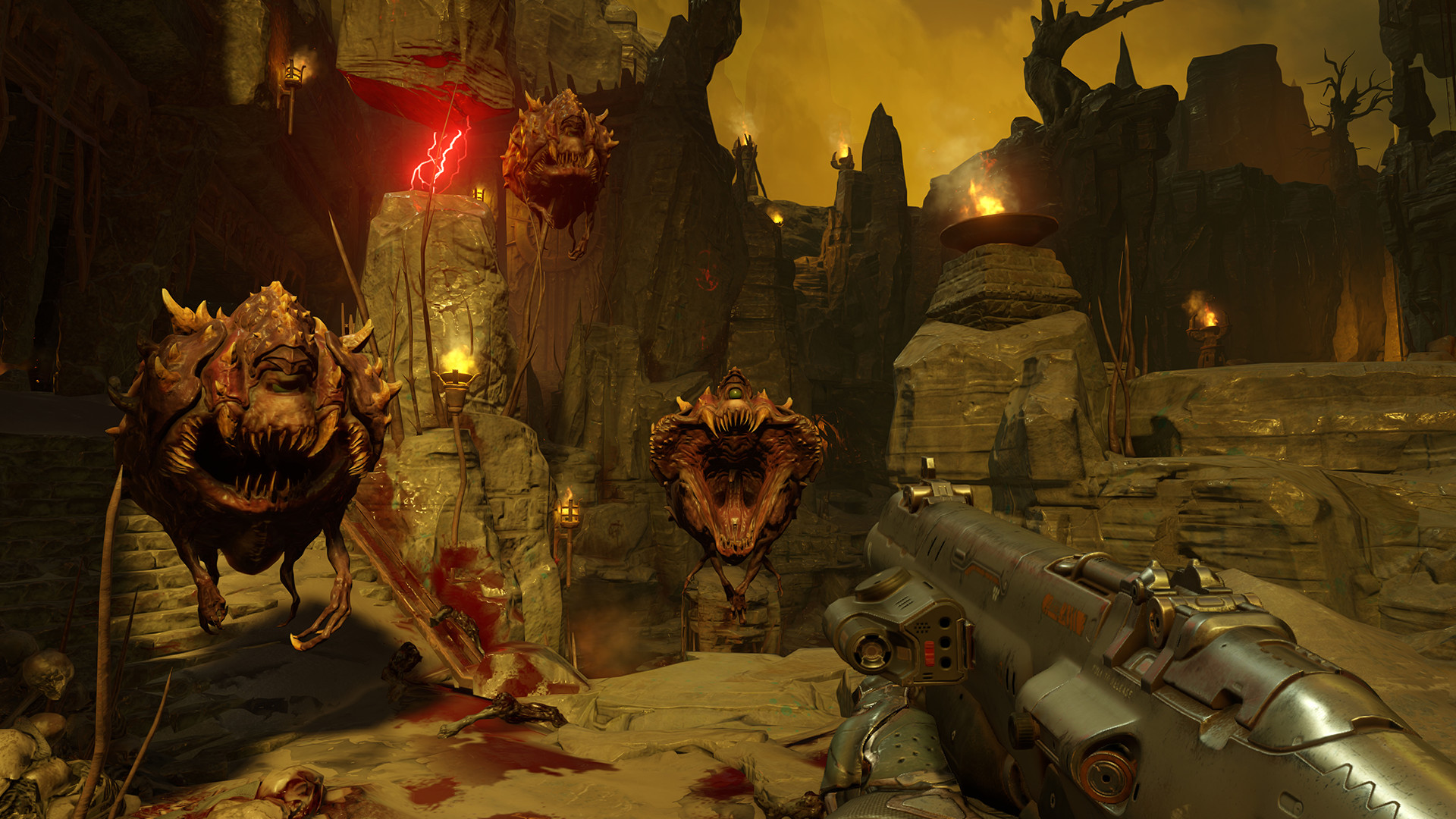 Slayer looking at three cacodemons.