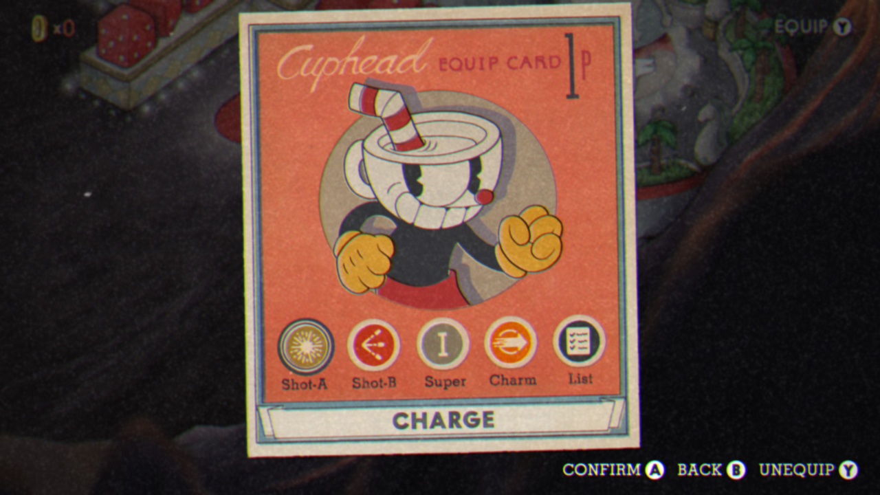 The Charge Shot equipment card screen in Cuphead