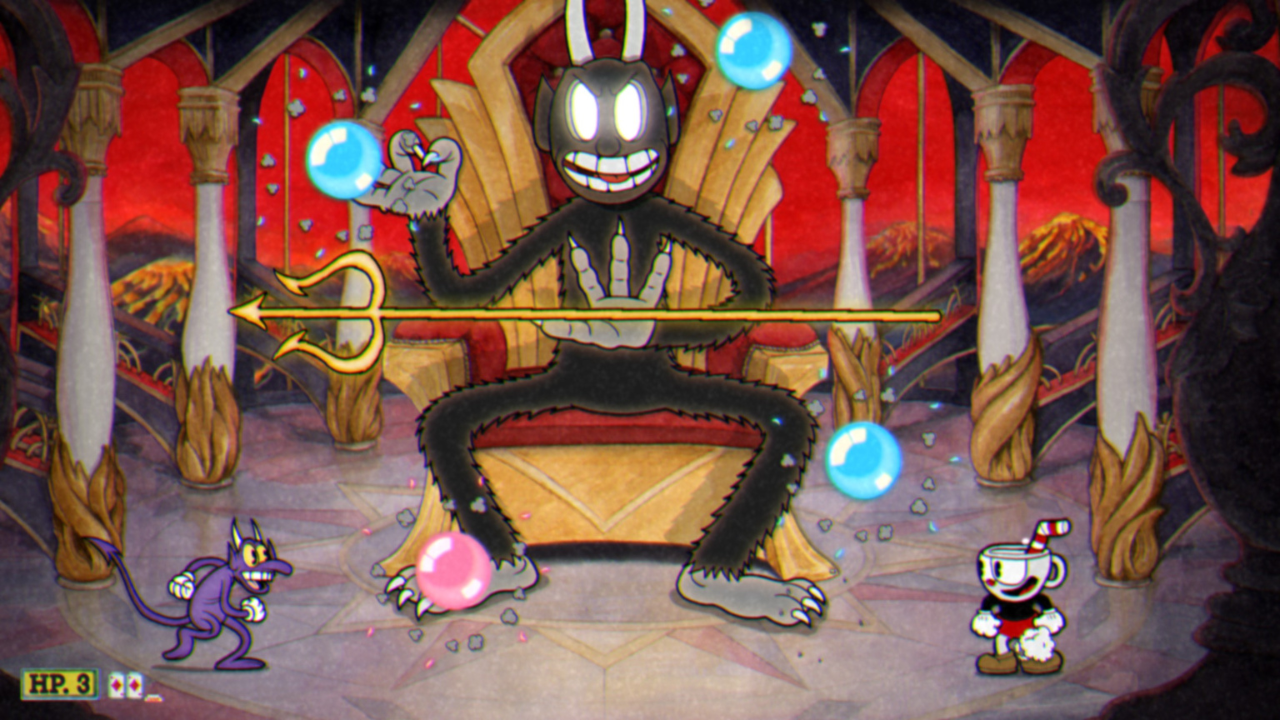 Cuphead dodging blue and pink bubbles during The Devil fight