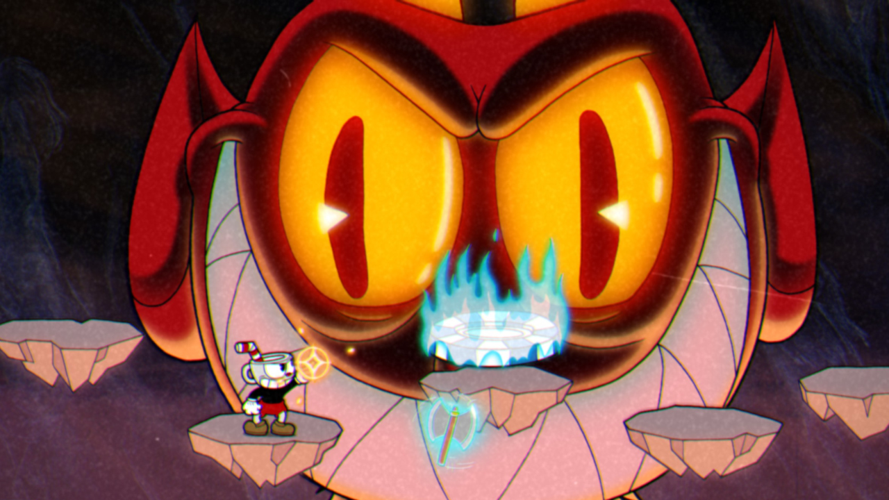 Cuphead standing on a stone platform fighting The Devil boss