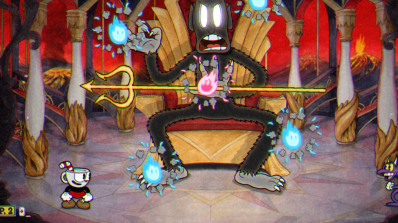 The Devil holding a trident with flame attacks in Cuphead