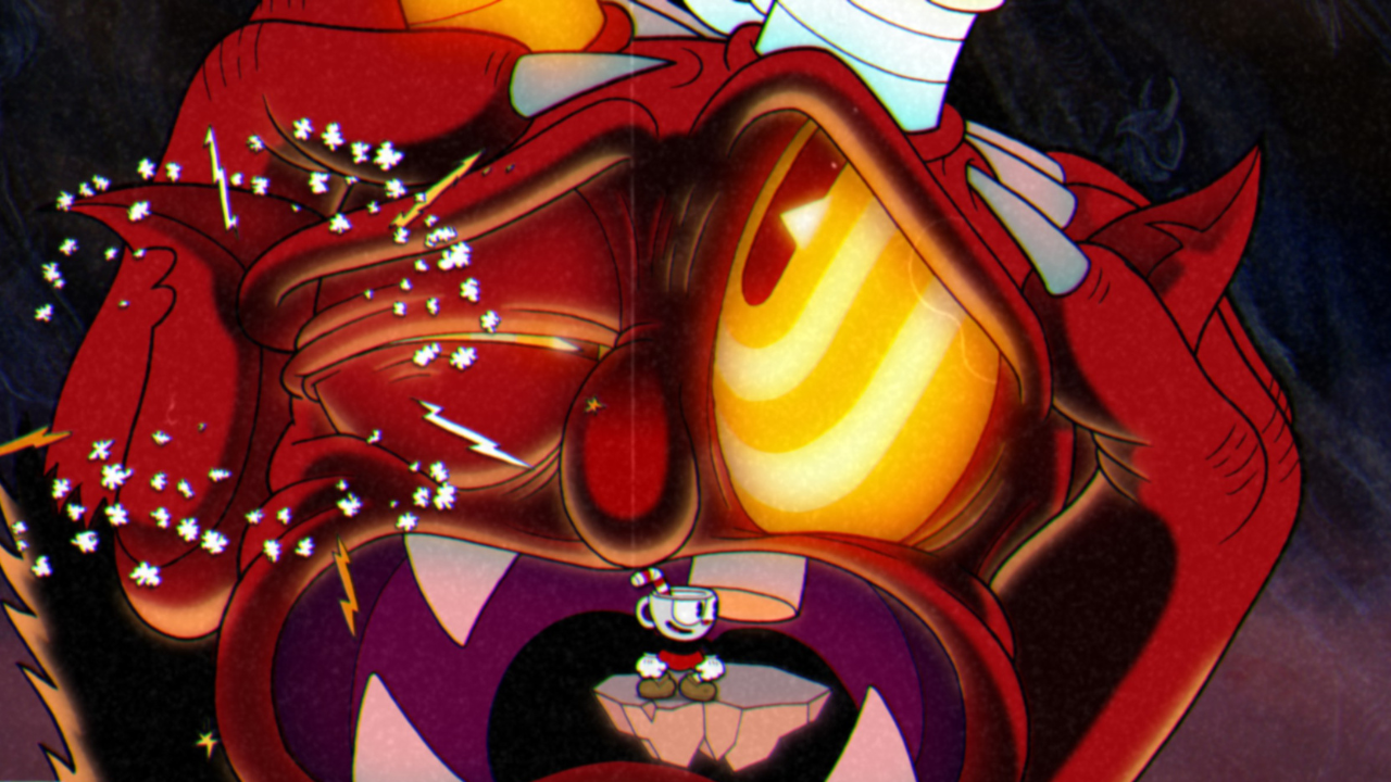 Cuphead on a floating platform during the final phase of The Devil boss fight