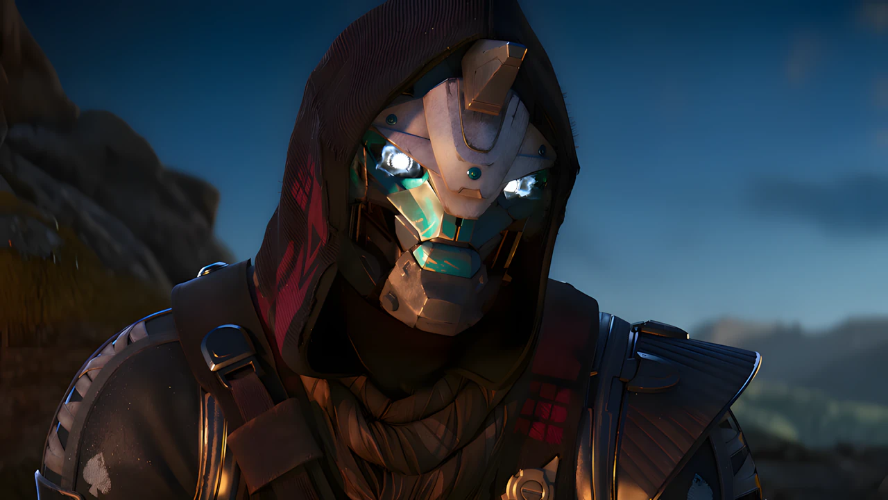 Cayde-6 with Ace of Spades in Destiny 2 The Final Shape, high-res Exo render with solar effects and HDR lighting.