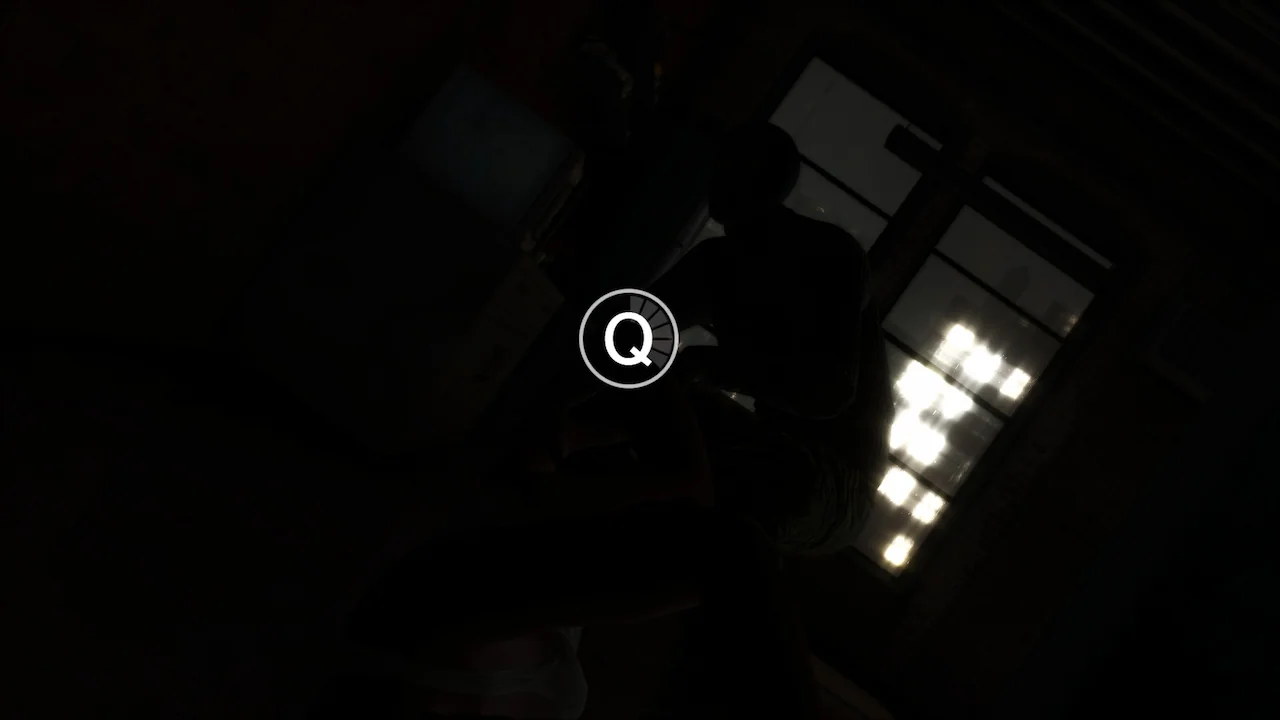 Dark, low-light image with a central white 'Q' icon, hinting at a gaming or tech UI, with a silhouetted figure and bright window in the background.