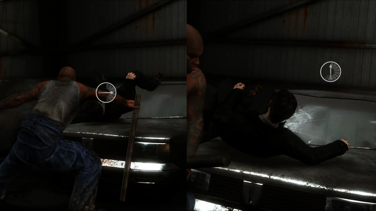 Split-screen video game action, showing a muscular character with a stick and another on the ground, with Quick Time Event prompts displayed.