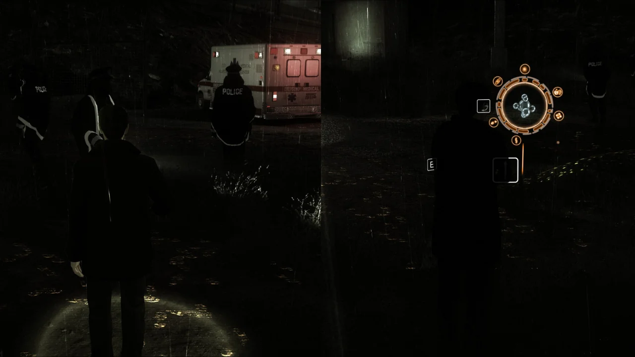 Screenshot from a dark, rainy video game scene showing police, an ambulance, and a character with a flashlight, featuring a HUD with forensic tools.