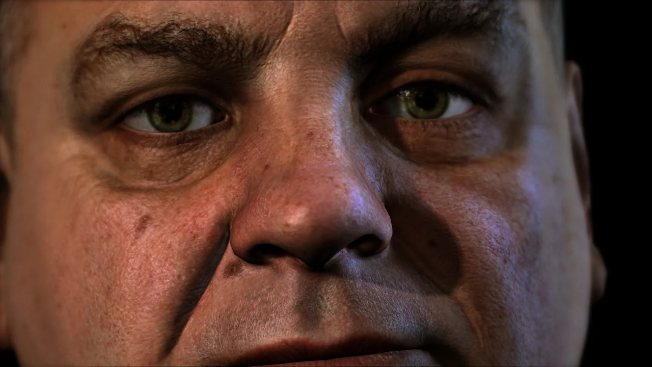 Extreme close-up of a male character's face from a video game, showcasing hyper-realistic skin details, wrinkles, pores, and green eyes.
