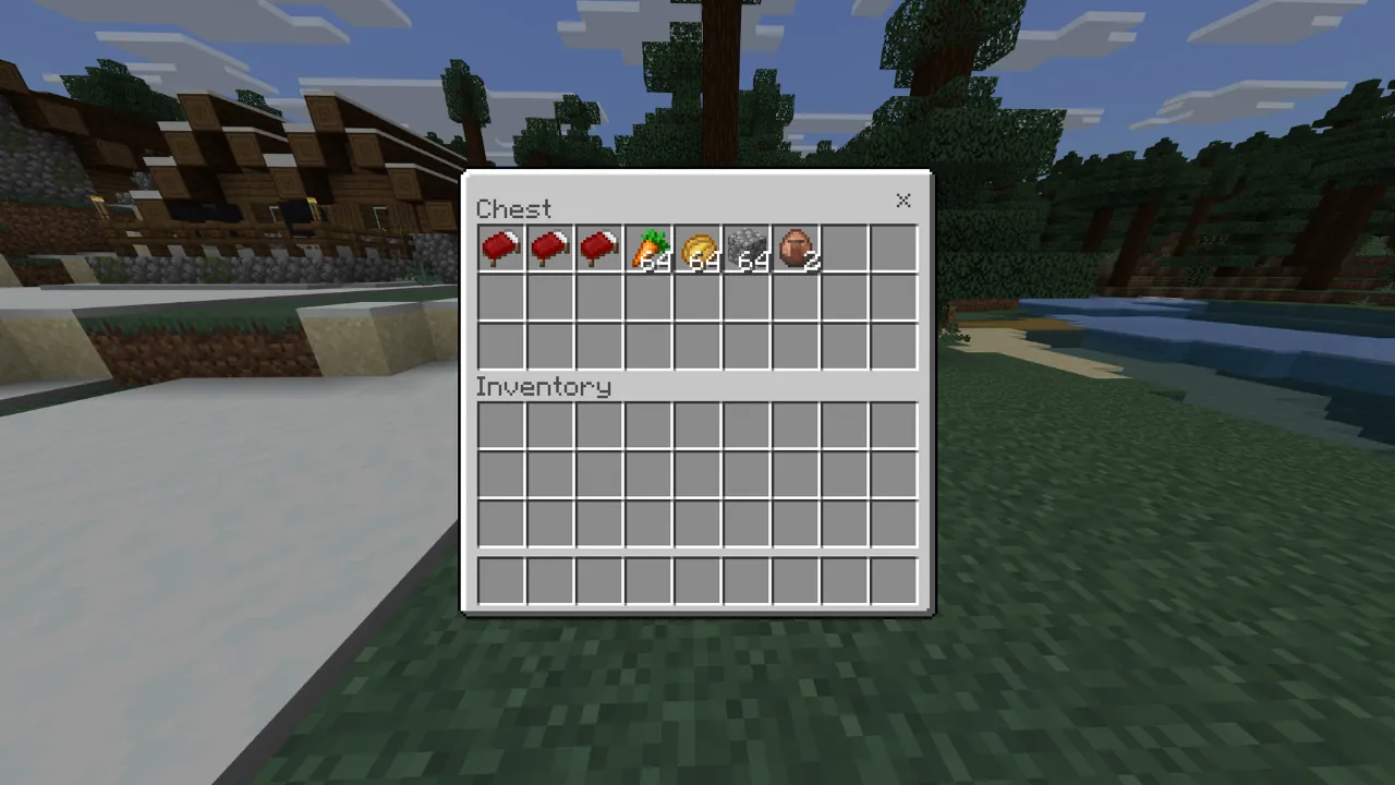 A Minecraft screenshot showing an open chest inventory with beds, carrots, wheat, cobblestone, and eggs. The background shows a snowy landscape, trees, and a river.