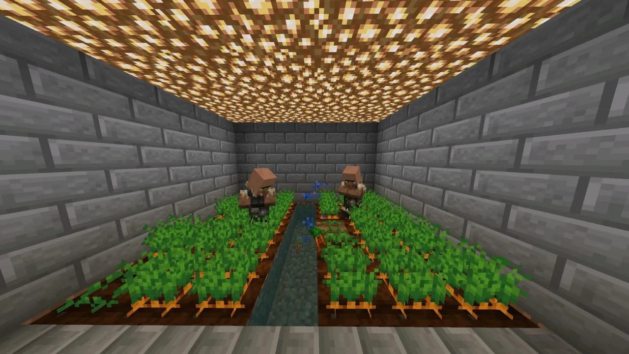 A Minecraft image showing an indoor villager farm with two villagers tending rows of carrots, illuminated by a glowstone ceiling.