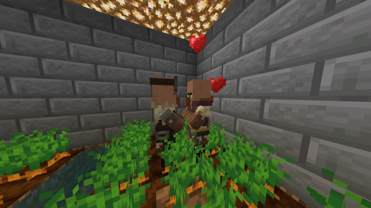 Two Minecraft villagers, one a farmer and one a librarian, stand in a walled garden with growing crops and glowing hearts above their heads.