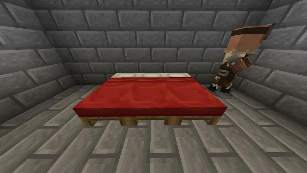 A Minecraft scene depicting a Pillager mob standing next to a red bed in a stone-walled room with stone slab flooring.