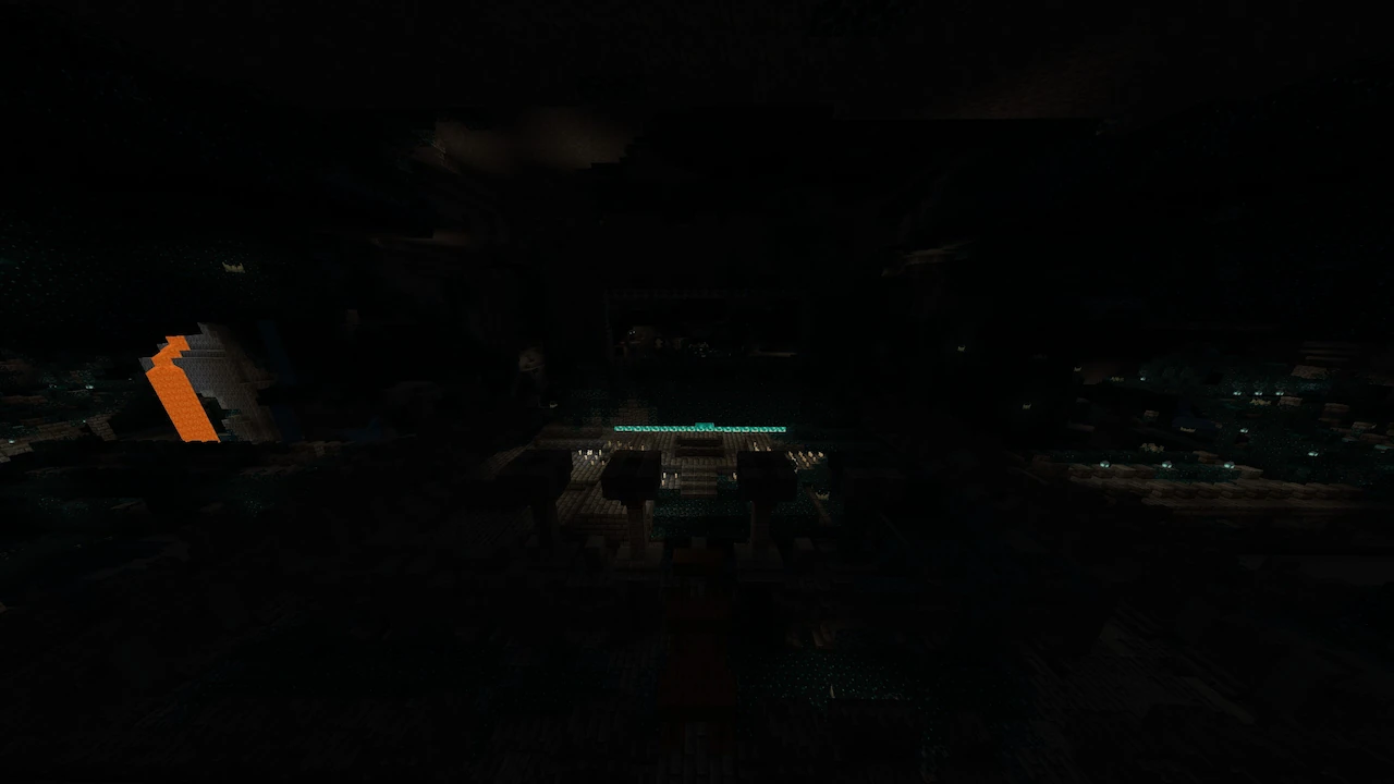 A very dark screenshot from Minecraft's Deep Dark biome, showing an Ancient City with glowing sculk blocks and a lava flow.