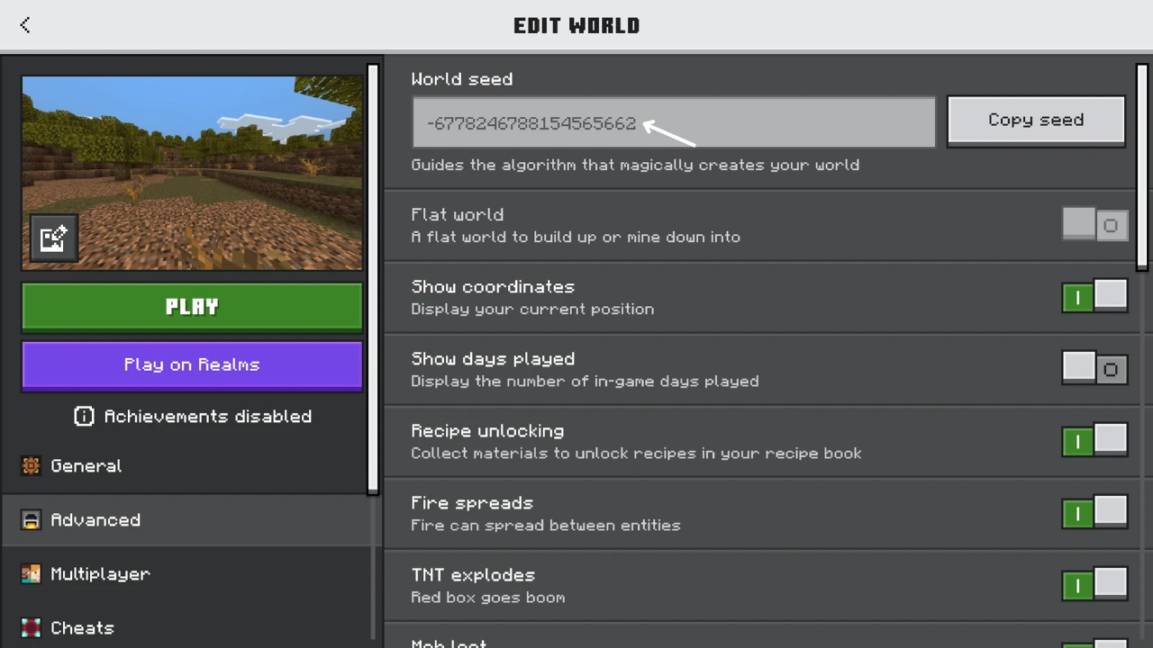 A screenshot of the Minecraft 'Edit World' settings menu, displaying the world seed, gameplay toggles, and navigation options.