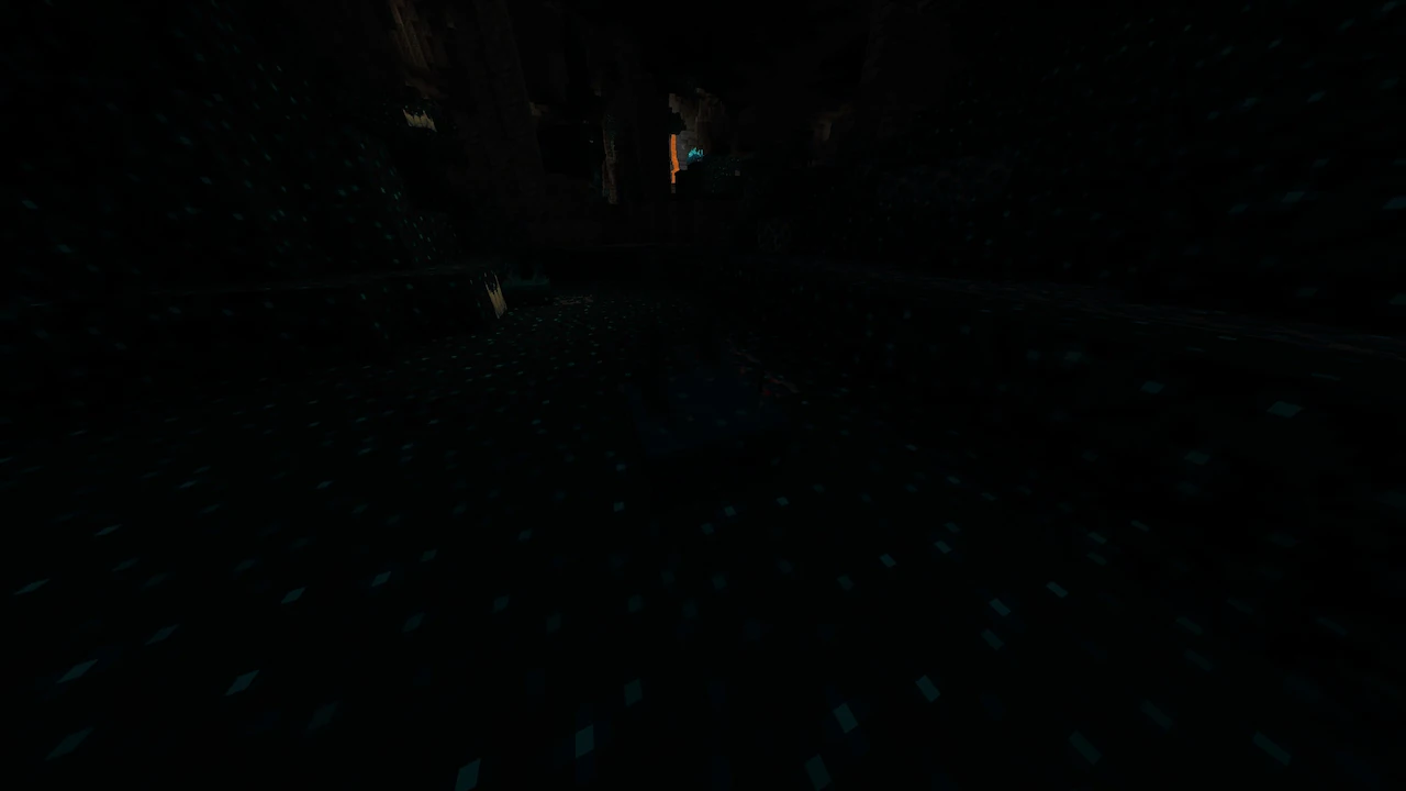 A very dark Minecraft Deep Dark biome cavern with glowing sculk blocks on the floor and a faint orange light in the distance.