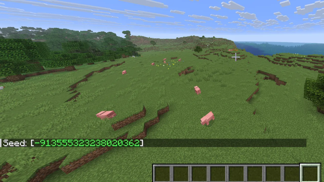 Minecraft screenshot showing a grassy plains biome with pigs, trees, and the world seed -913555323238020362 displayed in the UI.